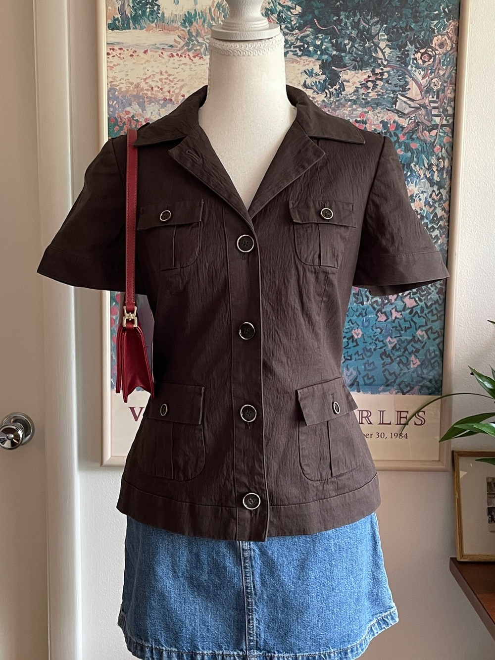 Banana Republic Top Women's 2 Brown Taupe Short Sleeve Utility Safari Granola